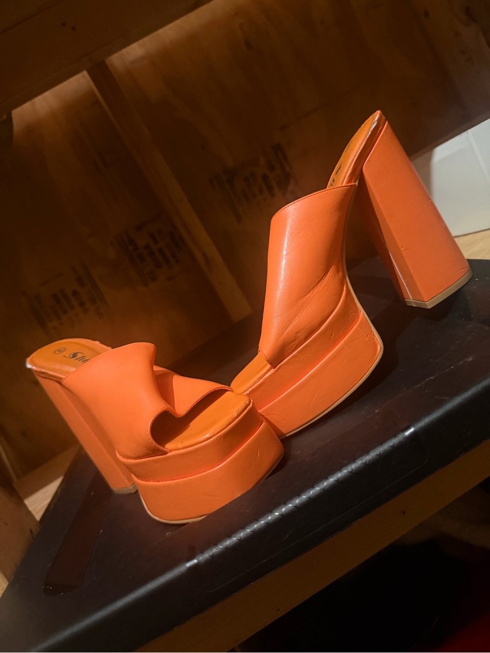 women's orange platform mule heels